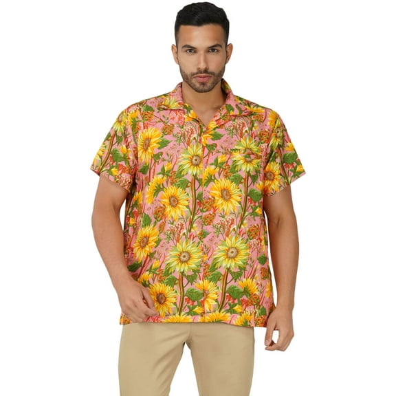 Stylore Mens Hawaiian Shirt Short-Sleeve Funky Summer Sunflower Pink XS