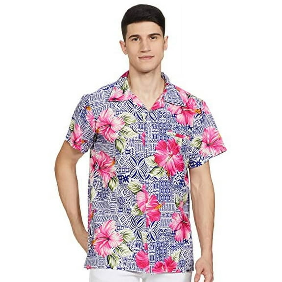 Stylore Mens Hawaiian Shirt Short-Sleeve Luau Mauri Hibiscus Blue 2XL