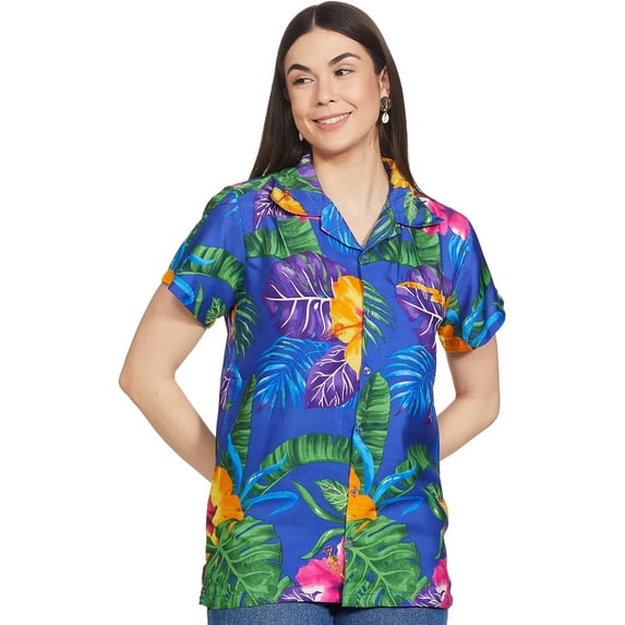 Stylore Womens Hawaiian Shirt Short Sleeve Blouse Big Hibiscus Blue L