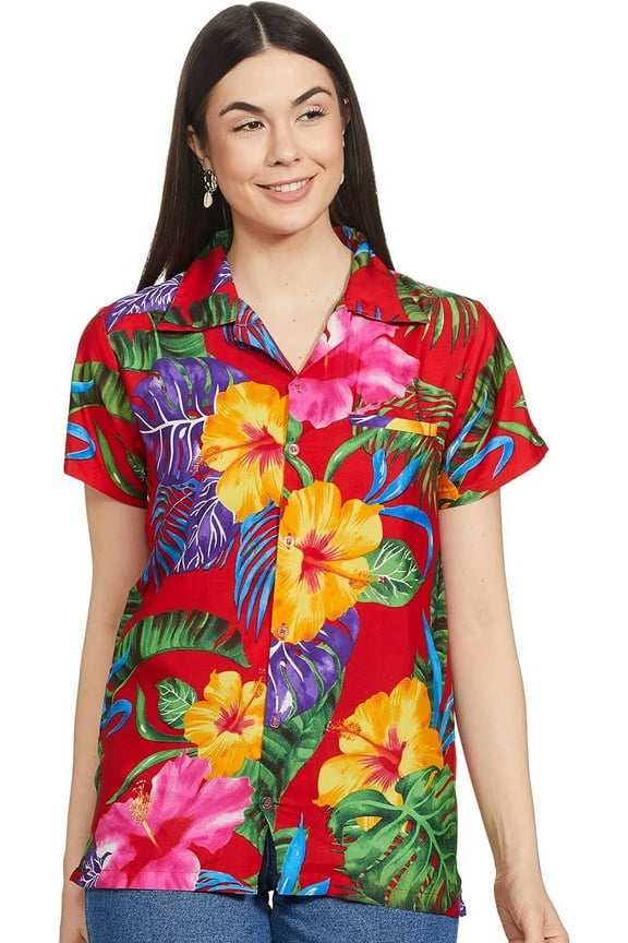 Womens Hawaiian Shirt Short Sleeve Blouse Big Hibiscus Red M