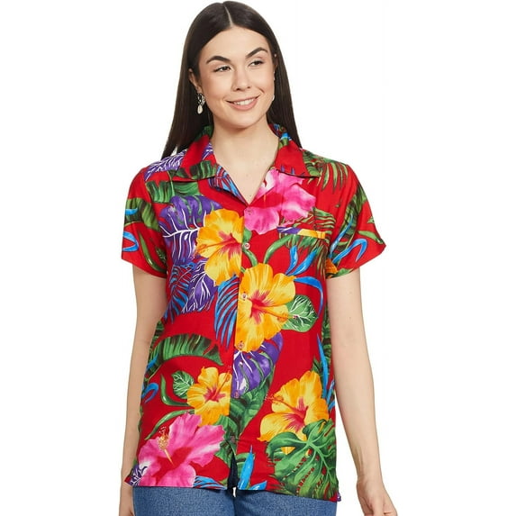 Stylore Womens Hawaiian Shirt Short Sleeve Blouse Big Hibiscus Red XS