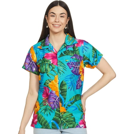 Stylore Womens Hawaiian Shirt Short Sleeve Blouse Big Hibiscus Turquoise XS