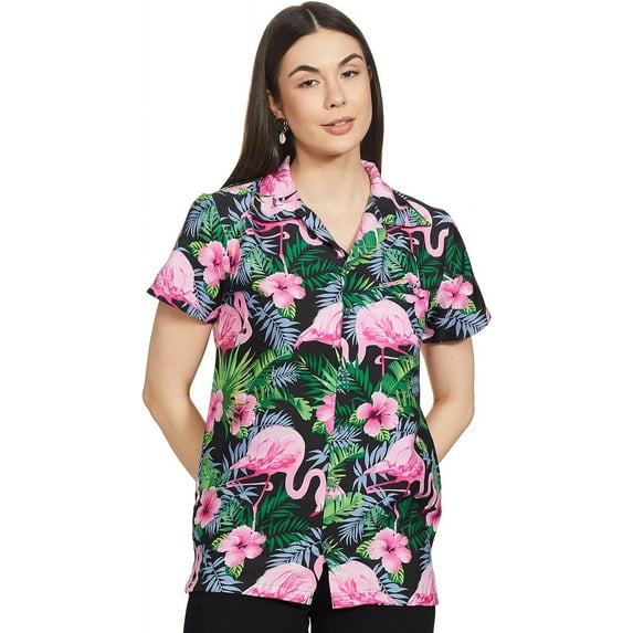 Stylore Womens Hawaiian Shirt Short Sleeve Blouse Flamingo Black Pink XS