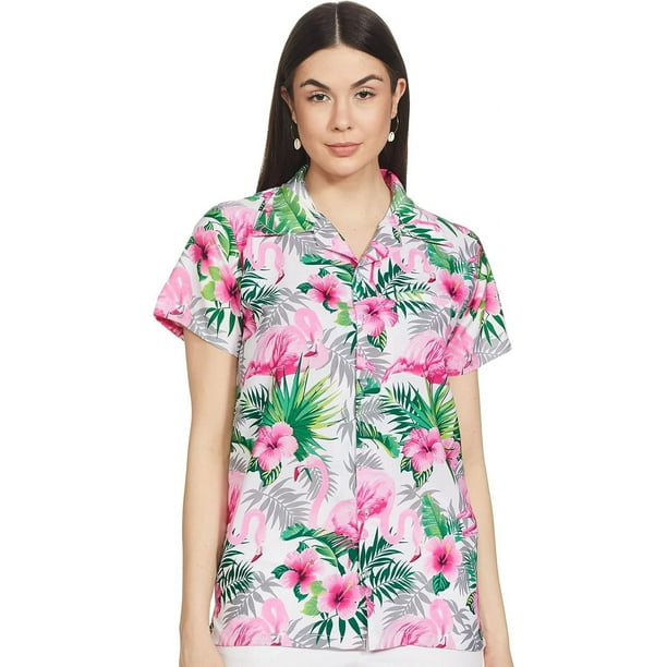 Stylore Womens Hawaiian Shirt Short Sleeve Blouse Flamingo White
