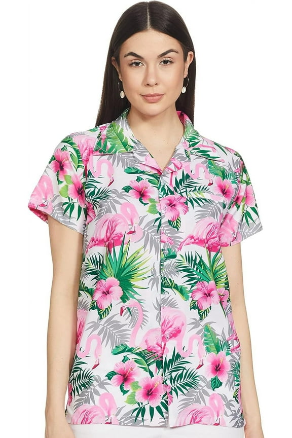 Womens Hawaiian Shirt Short Sleeve Blouse Flamingo White Pink XS