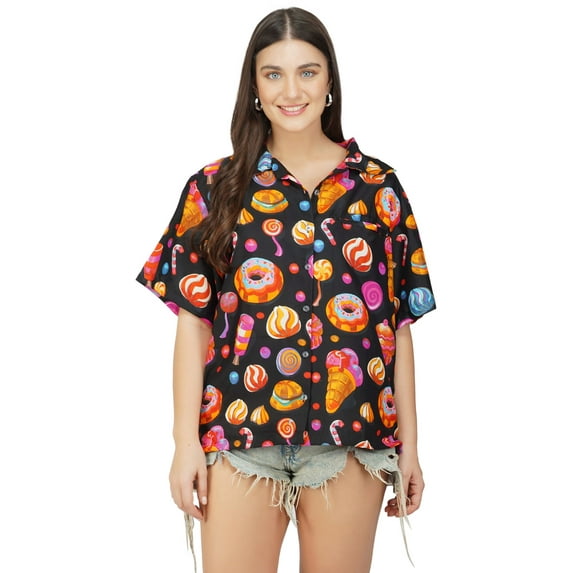 Stylore Womens Hawaiian Shirt Short Sleeve Blouse Funky Candy Black S