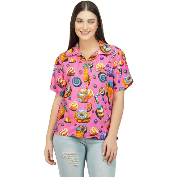 Stylore Womens Hawaiian Shirt Short Sleeve Blouse Funky Candy Pink S