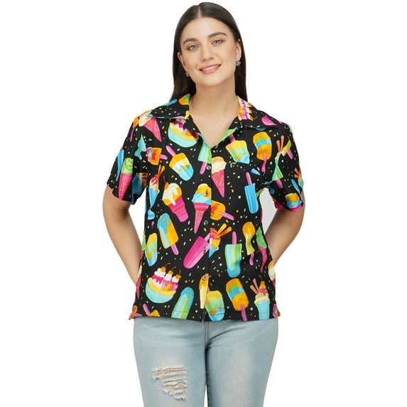 Stylore Womens Hawaiian Shirt Short Sleeve Blouse Funky Icecream Black XXL