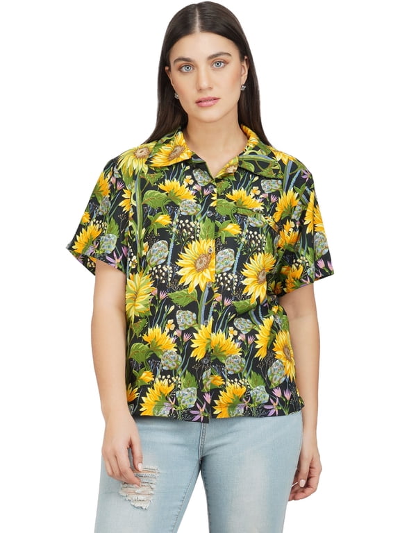 Womens Hawaiian Shirt Short Sleeve Blouse Funky Sun Flower Black L