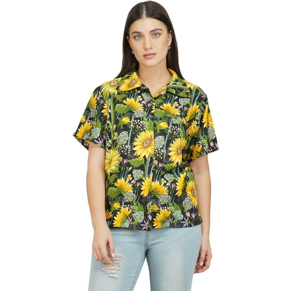 Stylore Womens Hawaiian Shirt Short Sleeve Blouse Funky Sun Flower Black S