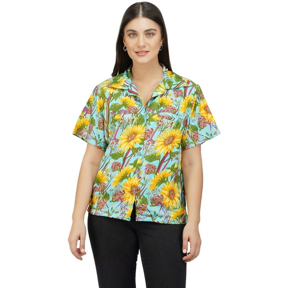 Stylore Womens Hawaiian Shirt Short Sleeve Blouse Funky Sun Flower Turquoise M