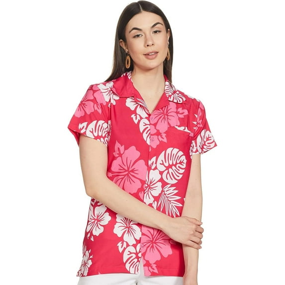 Stylore Womens Hawaiian Shirt Short Sleeve Blouse Sh Hibiscus Pink White S