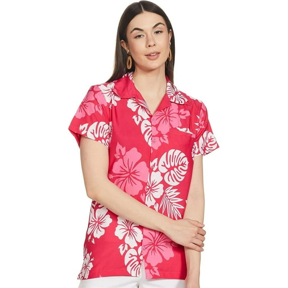 Stylore Womens Hawaiian Shirt Short Sleeve Blouse Sh Hibiscus Pink White XL