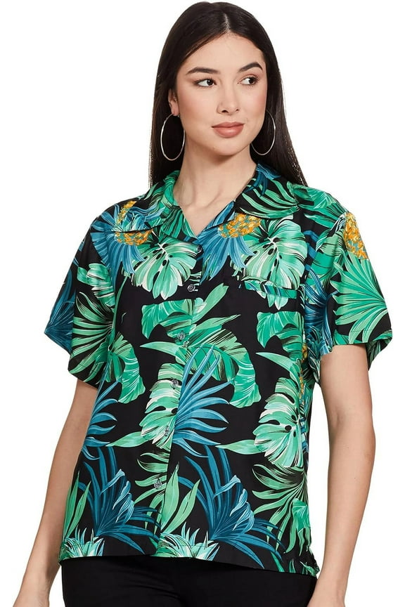 Womens Hawaiian Shirt Short Sleeve Blouse Tropical Black Green M