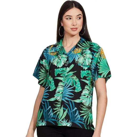 Stylore Womens Hawaiian Shirt Short Sleeve Blouse Tropical Black Green XS