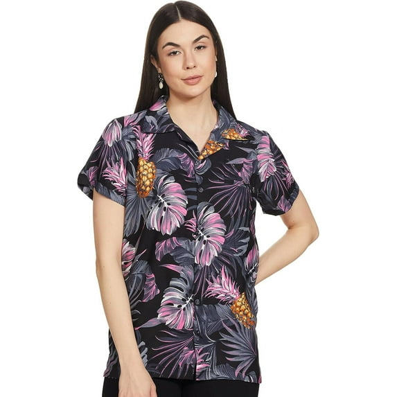 Stylore Womens Hawaiian Shirt Short Sleeve Blouse Tropical Black Pink L