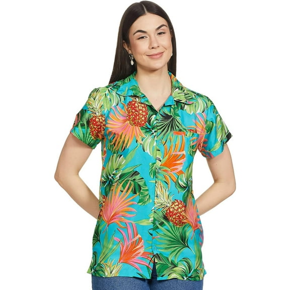 Stylore Womens Hawaiian Shirt Short Sleeve Blouse Tropical Turquoise M