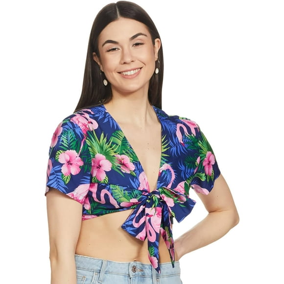 Stylore Womens V-Neck Tie Front Shirts Wrap Crop Top Blouse BF Navy Blue Pink