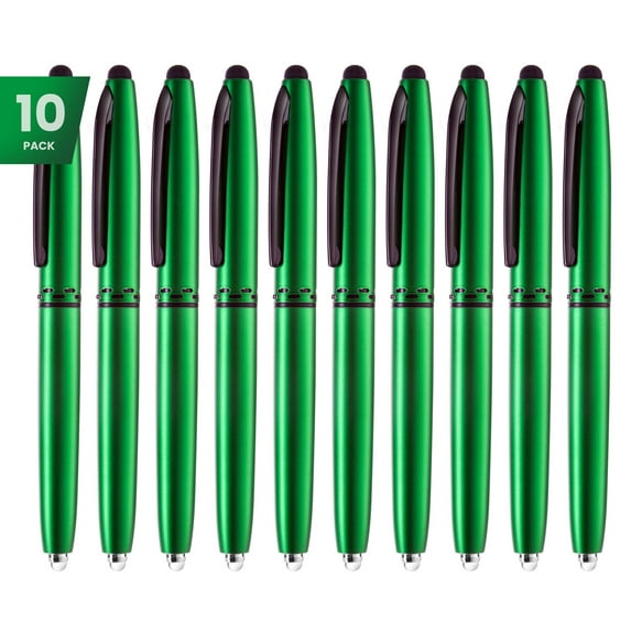 Stylus Pen- Capacitive Stylus, 3-in-1 Metal Pen, Multi-Function,Ballpoint Ink Pen,with LED Flashlight, for Touchscreen Devices, Tablets, iPads, iPhones, 10PK, Green