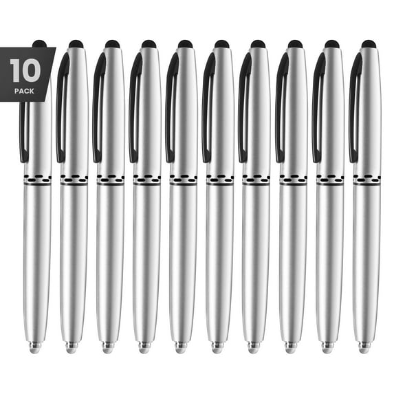 Stylus Pen- Capacitive Stylus, 3-in-1 Metal Pen, Multi-Function,Ballpoint Ink Pen,with LED Flashlight, for Touchscreen Devices, Tablets, iPads, iPhones, 10PK, Silver