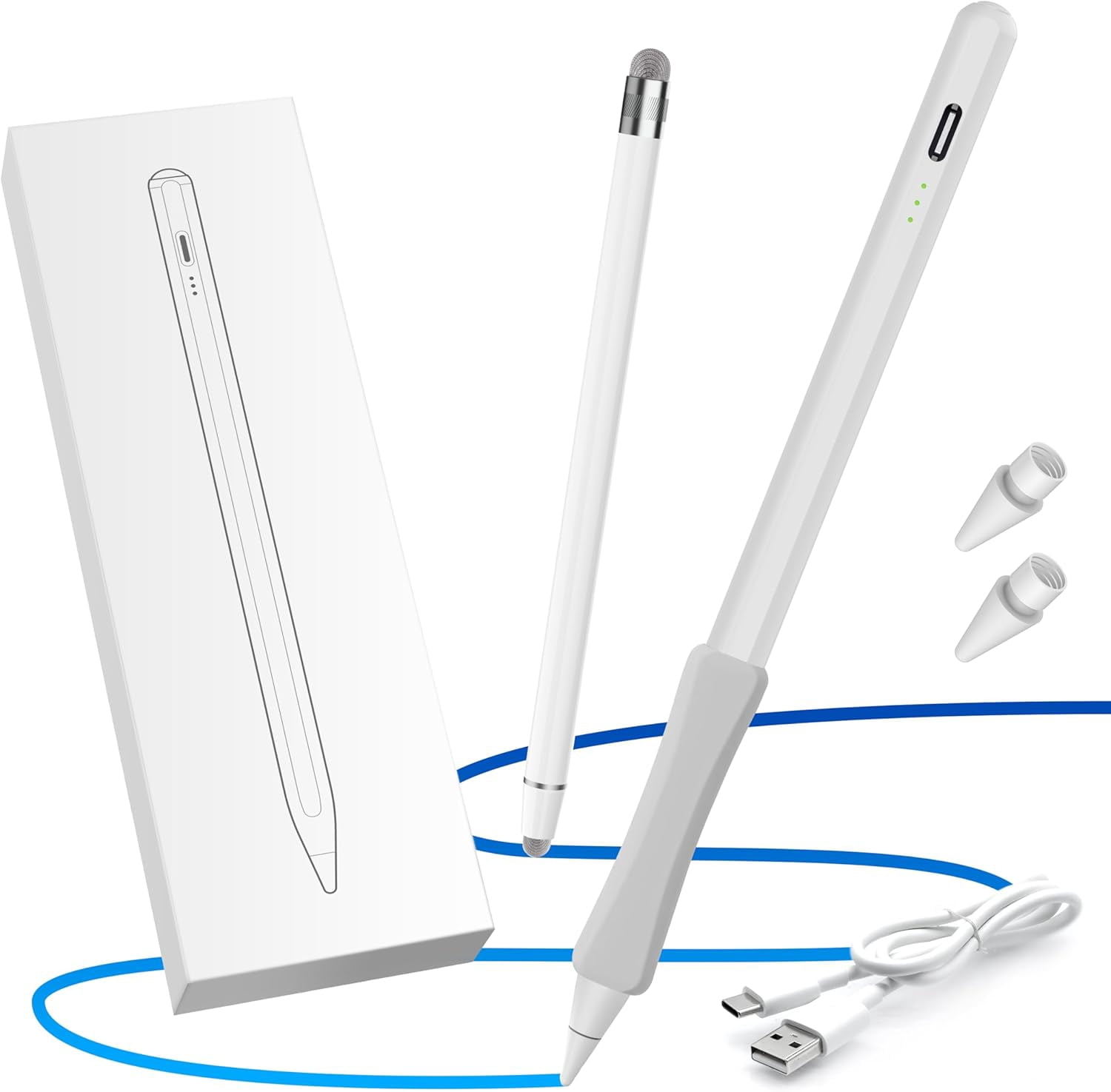 Stylus Pen, Tilt Drawing Palm Rejection Stylus Pencil for Apple iPad 6/7/8/9/10, Mini 5/6, Air 3/4/5, Pro 11''/12.9'', M2/M3/M4/M5, Include Pencil Grip & Extra Tips & Universal Stylus (White)
