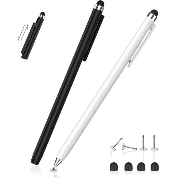 Stylus Pen for Touchscreen (2 Pack) - 2-in-1 High Sensitivity Retractable with Smaller Disc Tip Universal iPad iPhone Tablets Switch Capacitive Touch Screens (Black + White)