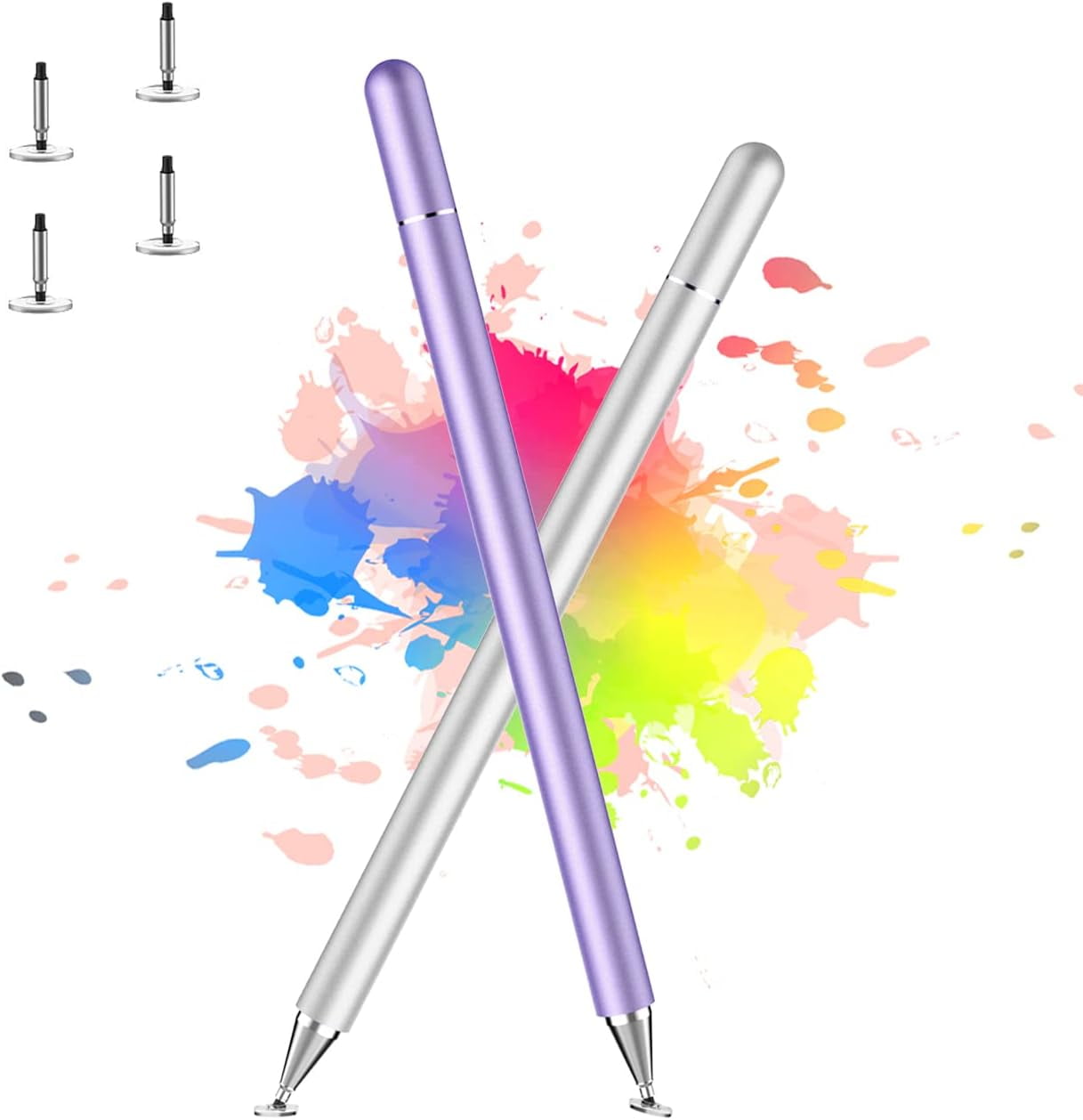 Stylus Pen for iPad, Stylus Pens for Apple/iPhone/Ipad pro/Mini/Air/Android/Microsoft/Surface Capacitive Touch Screens Universal with 4 Replacement Tips (2 Pcs, Purple and Silver)