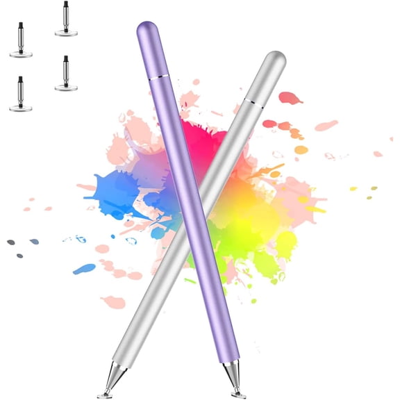 Stylus Pen for iPad, Stylus Pens for Apple/iPhone/Ipad pro/Mini/Air/Android/Microsoft/Surface Capacitive Touch Screens Universal with 4 Replacement Tips (2 Pcs, Purple and Silver)