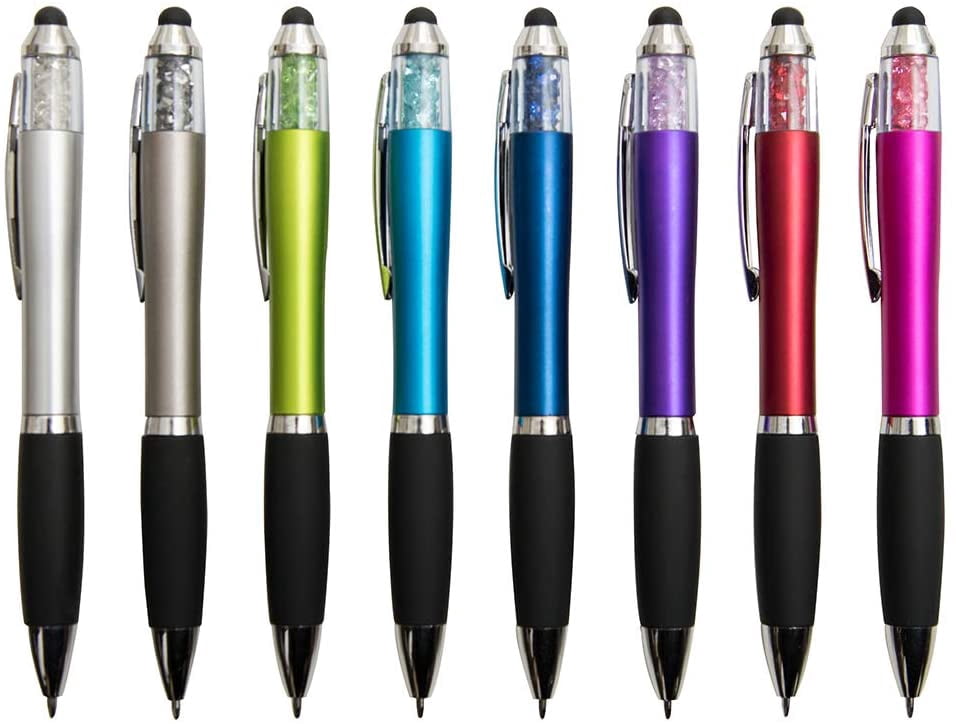 Stylus Pens for Touch Screens Ballpoint Pens Black Ink 1.0mm Medium Point with Crystals and Comfort Grip (8 Count+3 Refills)