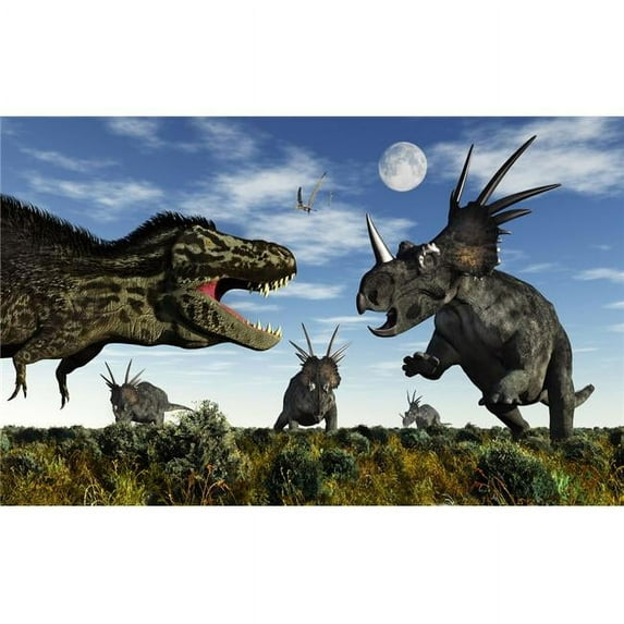Styracosaurus dinosaurs confront a Tyrannosaurus Rex Poster Print