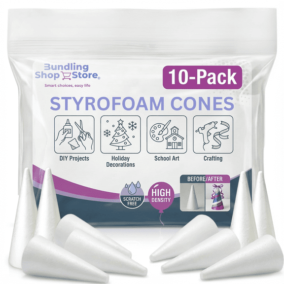 Styrofoam Cones for Crafts, 10 Pack- 5.9 Inch Foam Cones with, Lightweight Polystyrene for DIY Projects, Holiday Decorations & School Art