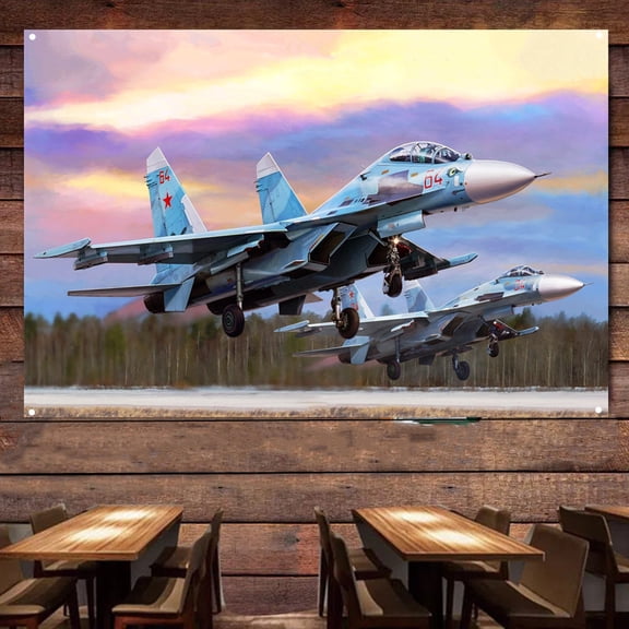 Su-27UB Flanker-C Fighter Jet Poster Wall Hanging Flag Aviation Canvas Wall Art Decor Banner Air Force Picture Artwork Military Plane Decoration for Men Boys Room 38" x 57"