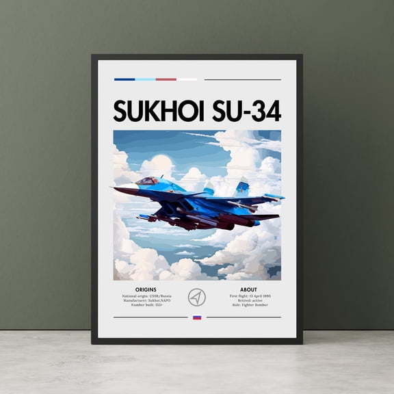 Su 34 Bomber Aircraft White Cliffs Plane Strike Aircraft Fighter Jet Wall Art Unframed Paper Print