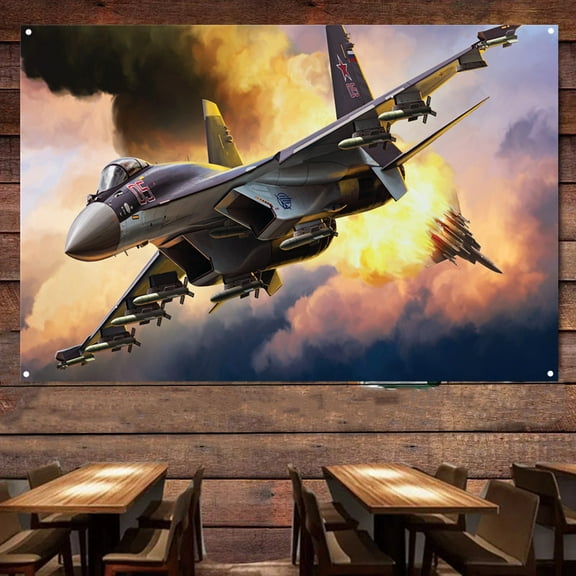 Su-35 Fighter Jet Banner Wall Art - 38" x 57" Aviation Military Artwork with Attack Aircraft Poster Wall Charts - Print Art Flag Tapestry For Room Bar Garage Man Cave Decor