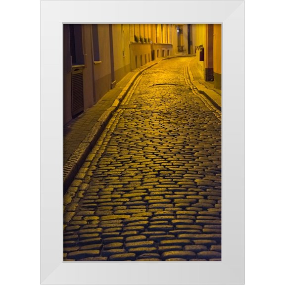 Su, Keren 11x14 White Modern Wood Framed Museum Art Print Titled - Night view of cobblestone street in the old town-Riga-Latvia