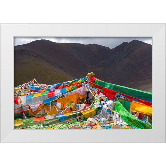 Su, Keren 14x11 White Modern Wood Framed Museum Art Print Titled - Prayer flags on Tibetan Plateau with Tanggula Mountain-Namtso-Lake Nam-Tibet-China