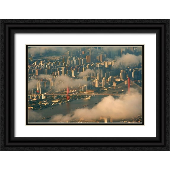 Su, Keren 18x13 Black Ornate Wood Framed with Double Matting Museum Art Print Titled - Aerial view of Shanghai-China