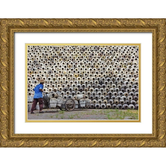Su, Keren 18x13 Gold Ornate Wood Framed with Double Matting Museum Art Print Titled - Man pushing cart loaded with wine jars to the big pile in a winery-Zhejiang Province-China