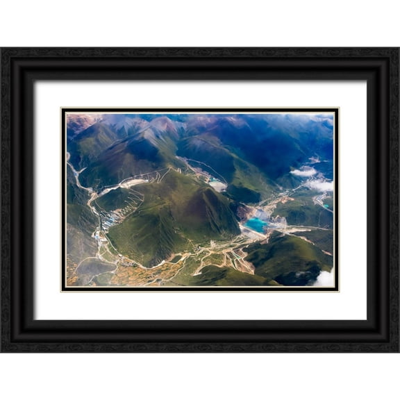 Su, Keren 24x17 Black Ornate Wood Framed with Double Matting Museum Art Print Titled - Aerial view of village and barley field in Lhasa Valley-Tibet-China