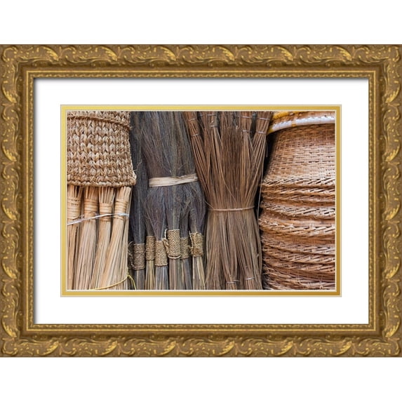 Su, Keren 24x17 Gold Ornate Wood Framed with Double Matting Museum Art Print Titled - Selling brooms and baskets in Bhaktapur Durbar Square-UNESCO World Heritage site-Bhaktapur-Nepal