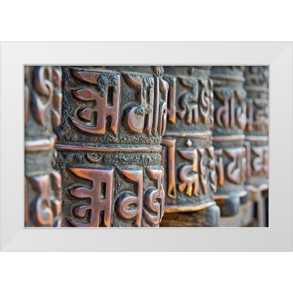 Su, Keren 32x23 White Modern Wood Framed Museum Art Print Titled - Bronze prayer wheels carved with Buddhist scripture-Swayambhunath-Kathmandu-Nepal