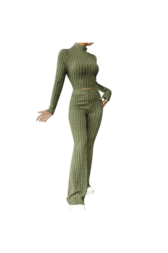 2 Piece Outfits Women's Casual Long Sleeve Slim Fitting Round Neck Top Lounge Matching Tracksuit Flared Leg Pants Knitted Set Fall Winter Loose Ladies Trendy Outfits