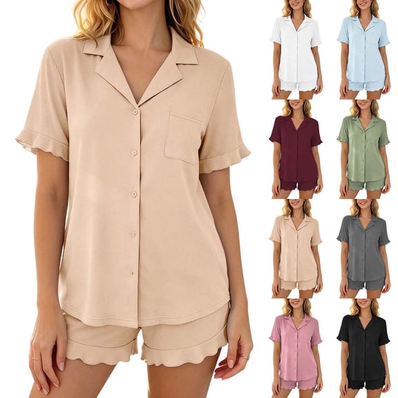 SuDongPo 2 Piece Pajamas Set for Women Button Down Pjs Lounge Sets Ruffle Short Sleeve Sleepwear Cute Loungewear