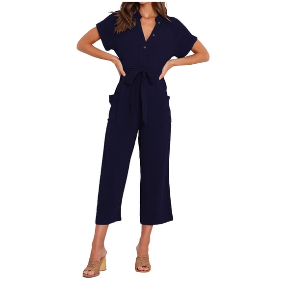 SuDongPo Jumpsuit for Womens Clearance High Waisted Lightweight Casual Loose Comfy Trousers Ladies Fall Winter Fashion 2024 With Pocket Short-sleeved Wide Leg Pants