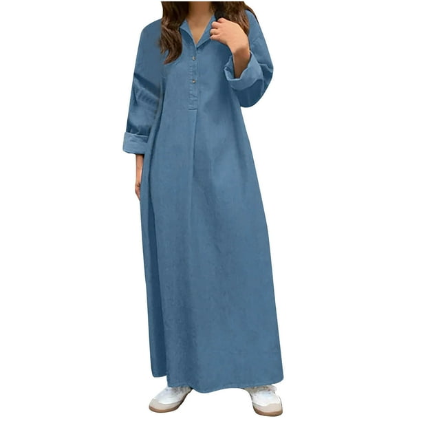 SuDongPo Trendy Flowy Denim Dress For Womens Clearance Maxi A Line Swing  Long Sleeved V Neck Collared Button Down Plus Size Loose Fit Casual Dress  Fall Ladies Cute Formal Dresses - Walmart