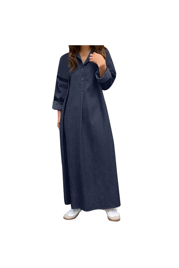 Trendy Flowy Denim Dress For Womens Maxi A Line Swing Long Sleeved V Neck Collared Button Down Plus Size Loose Fit Casual Dress Fall Ladies Cute Formal Dresses
