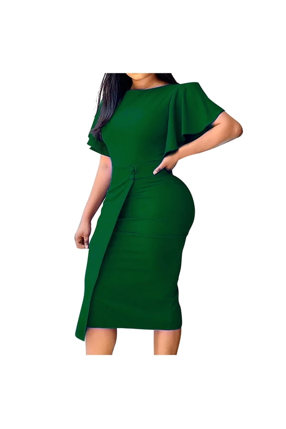 Trendy Midi For Womens Ruched Wrap Office Pencil Dresses Ruffle Sleeve Crewneck Wear to Work Plus Size Loose Fit Casual Dress Ladies Cute Formal Dresses Fall