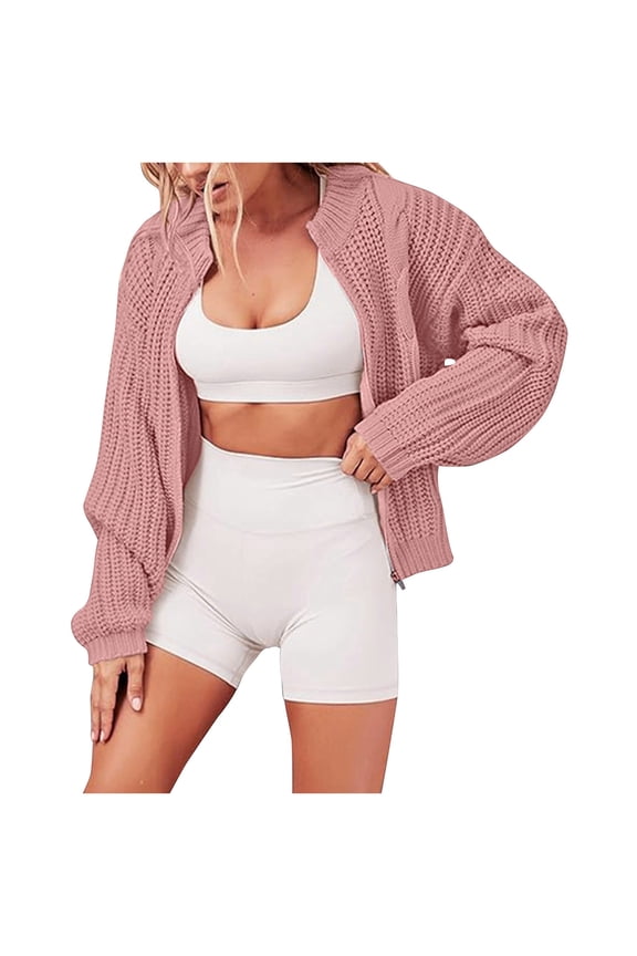 Warm Cardigan for Women Solid Color Long Sleeve Round Neck Knitted Trendy Dough Twists Sweater Coat Loose Casual Outerwear Ladies Jackets Fall Winter