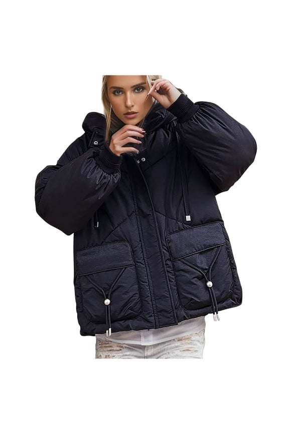 Warm Coat for Women Solid Color Loose Casual Outerwear Ladies Jackets Fall Winter Long Sleeve Hooded Neck Zip Up Windbreaker Waterproof Padded Quilted Coat