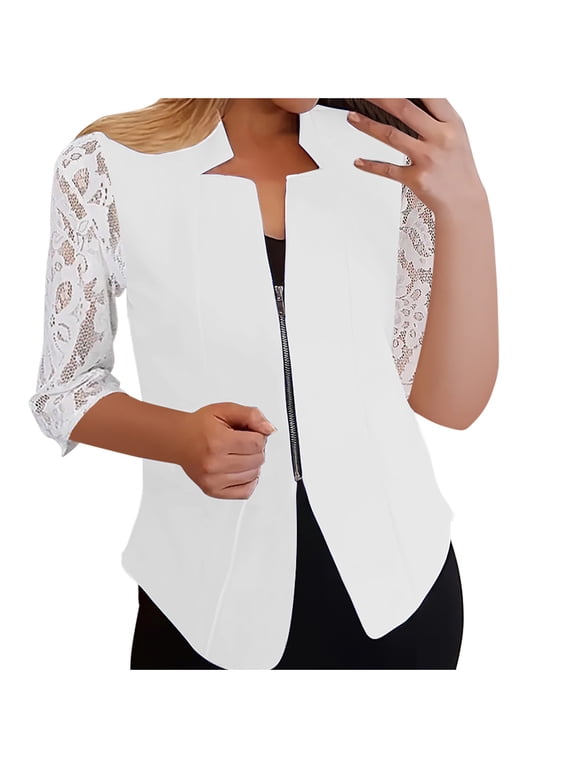 Warm Jackets for Women Solid Color Long Sleeve Zip Up Lace Hollow Out Shirt Versatile Small Suit Loose Casual Outerwear Ladies Jackets Fall Winter